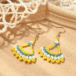 Cyan Seed Glass Woven Dangle Earrings, Fan, 304 Stainless Steel Dangle Earrings, Real 18K Gold Plated, Cyan, 57x36mm