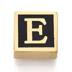 Letter E 304 Квадратные распорные планки из нержавеющей стали с черным эмалевым покрытием, 2-луночное, ионное покрытие (ip), реальный 18 k позолоченный, Письмо E, 12x12x6 мм, отверстие : 4.5 мм