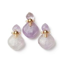 Amethyst Natural Amethyst Perfume Bottle Pendants, with Golden Brass Findings, Rhombus, 35mm, Hole: 1.6mm