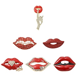Красный 6шт. 6 стили, значки для губ с эмалью, значки из сплава со стразами для рюкзака и одежды, с пластмассовой жемчужиной abs, красные, 18~46.5x18~45.5 мм, 1 шт / стиль