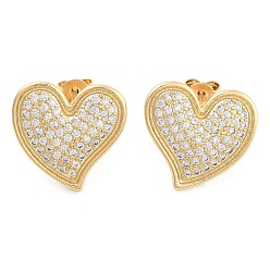 Golden Brass Pave Cubic Zirconia Stud Earrings, Heart, Golden, 17x19mm