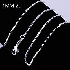 Silver Brass Box Chain Fine Necklaces, with Lobster Claw Clasps, Silver Color Plated, 20 inch, 1.4mm