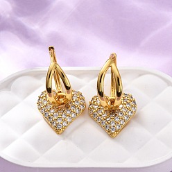 Золотой Латунные серьги-кольца из прозрачного кубического циркония, сердце, без кадмия и без свинца, стойки покрытие, долговечный, золотые, 30x16 мм