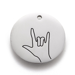 I Love You Non-Tarnish 316 Surgical Stainless Steel Pendants, ASL Pendants, Flat Round with Gesture Language, Stainless Steel Color, I Love You, 25x2mm, Hole: 2mm