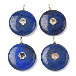 Ляпис-Лазурь Крашеные природные лазурит подвески, плоские круглые подвески с латунной микропаве из кубических цирконий случайных цветов, золотые, окрашенные, 31~31.5x25x7 мм, отверстие : 2x3 мм