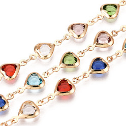 Light Gold Латунные цепочки с сердечками ручной работы, со стеклом, пайки, с катушкой, золотой свет, 14x7.5x3 мм, около 16.40 футов (5 м) / рулон