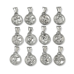 Платина 12 шт. 304 подвески из нержавеющей стали, плоский круглый с шармом созвездий, платина, 20.5x17x3.5~5 мм, отверстие : 3x9 мм