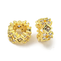 Настоящее золото 18K Реечное покрытие латунь микро паве прозрачный кубический цирконий европейские бусины, бусины с большим отверстием, долговечный, без свинца и без кадмия, рондель, реальный 18 k позолоченный, 9.5x5 мм, отверстие : 5.5 мм