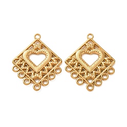 Rhombus Vintage Style 304 Stainless Steel Links, Golden, Rhombus with Heart, 31x25x2mm, Hole: 2mm