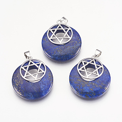 Ляпис-Лазурь Кулоны из натурального лазурита, для евреев, с латунной фурнитурой платинового цвета, плоские круглые со звездой Давида, 32x28x7 мм, отверстие : 4x5 мм