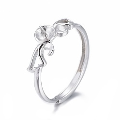 Platinum Anti-Tarnish Adjustable Rhodium Plated 925 Sterling Silver Finger Design Ring Mounts Fittings with Pearl Seat, For Half Drilled Beads, Platinum, Size 7, 17mm, Tray: 4mm, Pin: 0.8mm