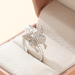 Platinum Brass Micro Pave Cubic Zirconia Cuff Open Rings, Butterfly, with Imitation Pearl, Platinum, 15~20mm