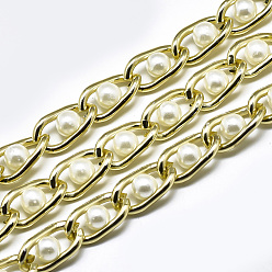 Золотой Алюминий обуздать цепи, с абс пластмассовой имитационной жемчужиной, с катушкой, несварные, белые, золотые, 15.5x8x2 мм, бусина : 6 mm, около 65.61 футов (20 м) / рулон