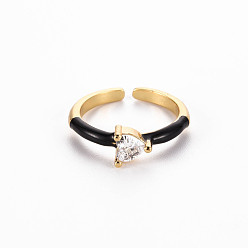 Black Brass Enamel Cuff Rings, Open Rings, Solitaire Rings, with Clear Cubic Zirconia, Nickel Free, Heart, Golden, Black, US Size 7(17.3mm)