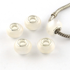 White Imitation Cat Eye Resin European Beads, Large Hole Rondelle Beads, with Silver Color Plated Brass Cores, White, 13~14x9mm, Hole: 4.5~5mm