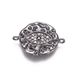 Черный Цвет Металла Соединители из латуни с микропаве и кубическим цирконием, Плоский круглый и глазный, прозрачного и черного, металлический черный , 15x20x2.5 мм, отверстие : 1.2 мм