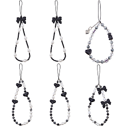 Black 6Pcs 4 Styles Bowknot & Heart Plastic Mobile Straps, Mobile Accessories Decoration, Black, 180~245mm