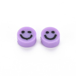 Lilac Handmade Polymer Clay Beads, Flat Round with Smiling Face, Lilac, 8~9x4mm, Hole: 1.5mm