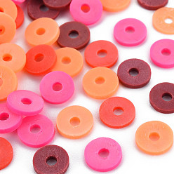 Sandy Brown 4 Colors Handmade Polymer Clay Beads, Heishi Beads, Disc/Flat Round, Sandy Brown & Hot Pink & Coral & Brown, 8x0.5~1.5mm, Hole: 2mm, about 11500pcs/1000g