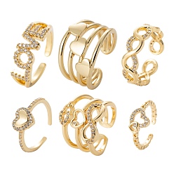 Real 18K Gold Plated 6Pcs 6 Styles Brass Micro Pave Clear Cubic Zirconia Cuff Rings, Open Rings, Long-Lasting Plated, Heart & Word LOVE & Infinity & Wide Band Rings & Heart with Heart, Real 18K Gold Plated, Inner Diameter: 16.3~17.7mm, 1pc/style