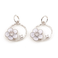 Платина Латунные микро проложить кубического циркония прелести, с прыжковыми кольцами и эмалью, Кольцо с цветком, прозрачный и белый, платина, 13.5x13.5x3 мм, Перейти кольцо: 5x0.6 мм, отверстие : 3.5 мм