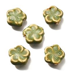 Gris Oliva Cuentas de porcelana hechas a mano, flor, verde oliva, 14.5x15x6.5 mm, agujero: 2 mm