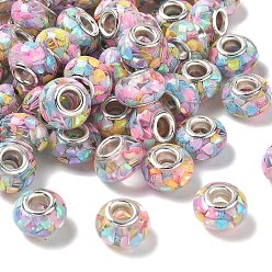 Разноцветный Прозрачные европейские бусины-рондель из смолы, с треугольными пайетками и латунными сердечниками платинового тона, бусины с большим отверстием, красочный, 14x8.5 мм, отверстие : 5 мм
