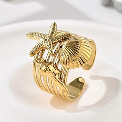 Настоящее золото 18K Ракушка морской звезды 304 открытые манжетные кольца из нержавеющей стали, реальный 18 k позолоченный, 23.5 мм, регулируемый