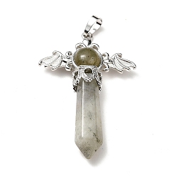 Labradorite Natural Labradorite Pendants, Angel Charms, with Rack Plating Platinum Tone Brass Findings, Cadmium Free & Lead Free, 52~53x37x11mm, Hole: 8x5mm