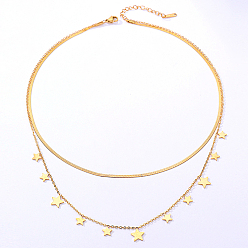 Real 18K Gold Plated 201 Stainless Steel Cable & Herringbone Chains Double Layer Necklaces, with Star Charms, Real 18K Gold Plated, 15-3/4 inch(40cm)