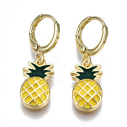 Gelb Huggy Creolen aus Messingemaille, Nickel frei, Ananas, echt 16 k vergoldet, Gelb, 29.5x9.5 mm, Stift: 1 mm
