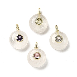 Хрусталь Круглые подвески из натуральных кристаллов кварца, подвески из горного хрусталя с латунной микропаве кубическими цирконами, золотые, 17x12x7.5 мм, отверстие : 2x1 мм