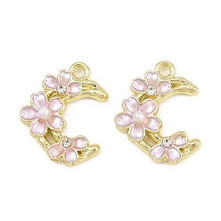 Pink Aleación con colgantes de esmalte, con diamantes de imitación de cristal y perlas de imitación de plástico abs, dijes de luna y flores, larga duración plateado, chapado en rack, dorado, rosa, 18.5x15x3.5 mm, agujero: 1.7 mm