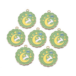 Средний Морско-зеленый Подвески из эмали и сплава, без кадмия, без никеля и без свинца, золотой свет, цветок с кроликом и луной, средний морской зеленый, 30x27x1 мм, отверстие : 2 мм