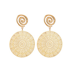 Золотой 304 из нержавеющей стали полые плоские круглые серьги болтаться шпилька, золотые, 67x42 мм