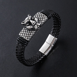 Античный Серебристый & Цвет Нержавеющей Стали Браслеты из плетеного шнура из искусственной кожи в стиле панк, 304 браслеты с леопардовым принтом из нержавеющей стали для мужчин, с магнитной застежкой, старинное серебро и цвет нержавеющей стали, 8.66 дюйм (22 см)