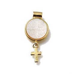 Cross Латунный паве натуральный белый ракушка плоский круглый с крестообразными подвесками, реальный 18 k позолоченный, без кадмия и без свинца, стойки покрытие, долговечный, крестик, 25.5x12x3 мм, отверстие : 2 мм