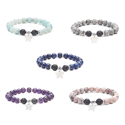 Mixed Stone Natural Lava Rock & Synthetic Hematite & Mixed Gemstone Beaded Stretch Bracelets with Shell Star Charms, Inner Diameter: 2-1/4 inch(5.6cm)