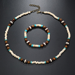 Желтая Старая Ткань  Комплекты ожерелий и браслетов из скорлупы кокоса в стиле бохо с синтетической бирюзой в форме ронделей, старое кружево, 400~500 мм