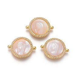 Золотой Соединители из латуни с микропаве и кубическим цирконием, с оболочкой, плоские круглые с Девой Марией, прозрачные, золотые, 15x20x3 мм, отверстие : 1.2 мм