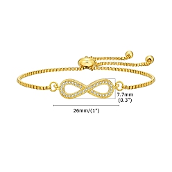 Infinity Регулируемые браслеты с цепочкой из латуни, браслет с звеньями прозрачного циркония для женщин, бесконечность, 4-3/4~9-1/2 дюйм (12~24 см)