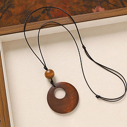 Ring Деревянная подвеска, черный вощеный шнур, длинные цепочки для женщин, кольцо, 31.50 дюйм (80 см), Кулон : 80x50 мм