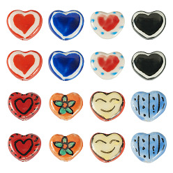 Mixed Color 16Pcs 8 Colors Handmade Porcelain Beads, Heart, Famille Rose Porcelain, Mixed Color, 12~13x14~15x6~7mm, Hole: 2.5~3mm, 2pcs/color