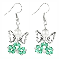 Морско-зеленый Болтающие серьги из стекла, с бусинами из сплава и 304 крючками для сережек из нержавеющей стали, ангел, цвета морской волны, 44~45x18 мм