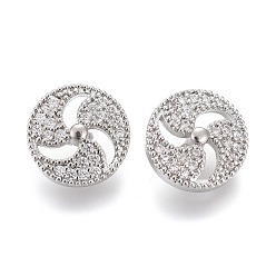 Платина Пуговицы на хвостовике из латуни с микропейвом и прозрачным кубическим цирконием, плоско-круглые, платина, 10.5x5.5 мм, отверстие : 1.4 мм