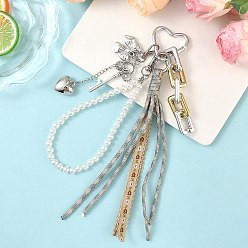 Белый Подвеска-бантик в виде сердца из полиэфирного шнура, пластиковой бусины и сплава, античное серебро, белые, 230 мм