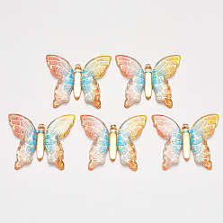 Farbig Transparenten Acryl-Anhänger, mit galvanisiertem Boden, Schmetterling, Farbig, 34x39x5.5 mm, Bohrung: 1.2 mm
