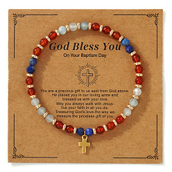 Смешанные камни Винтажные латунные браслеты с крестиками-подвесками, браслеты из натуральных смешанных драгоценных камней с круглыми бусинами для женщин и мужчин, с открытки, 6.89 дюйм (17.5 см)