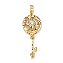 Прозрачный Латунные микропаве прозрачные подвески с фианитом, вращающиеся подвески, ключ, без кадмия и без свинца, долговечный, реальный 18 k позолоченный, прозрачные, 38x13.5x7.5 мм, отверстие : 2.5x5.5 мм
