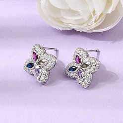 Coloré Micro cuivres ouvrent zircone cubique boucles d'oreille, boucles d'oreilles pavées, fleur, sans plomb et sans cadmium, crémaillère plaquage, plaqué longue durée, platine, colorées, 15.5x15.5mm